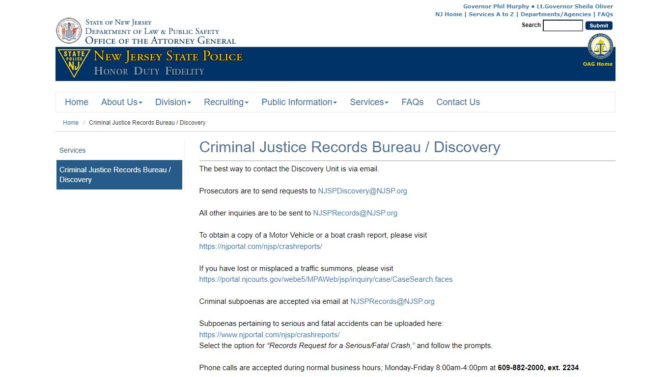 Criminal Justice Records Bureau / Discovery | New Jersey State Police